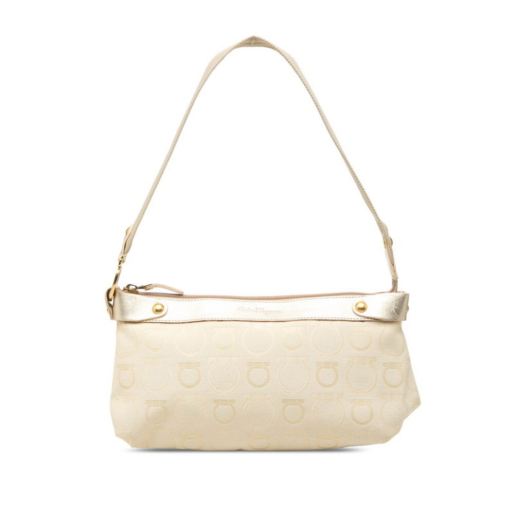 Salvatore Ferragamo Gancini One-Shoulder Bag Handbag Ivory Gold Canvas Leathe...